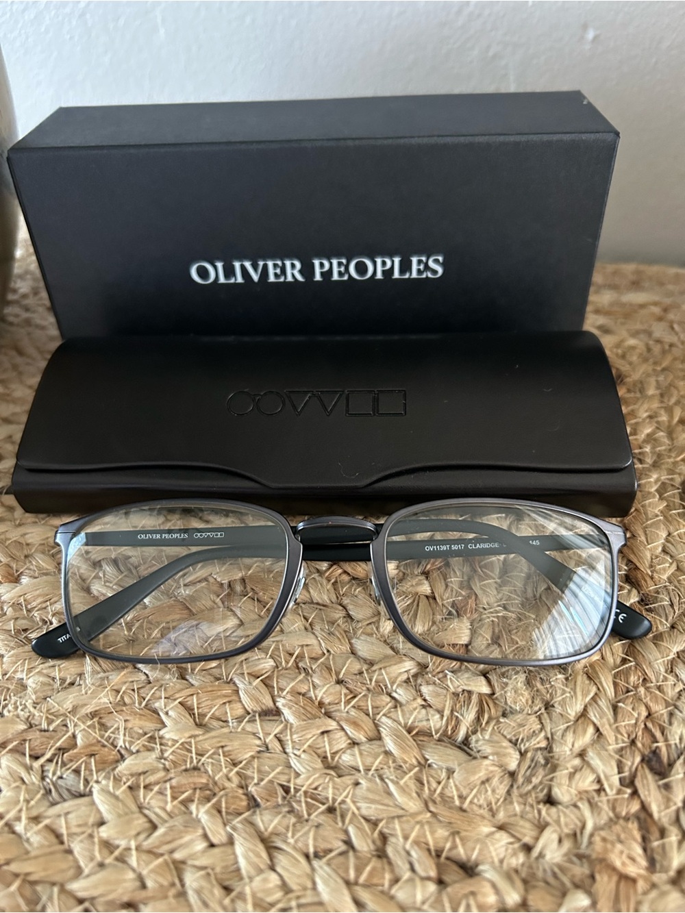 Oliver Peoples Men’s Gray and Black Rectangular Glasses